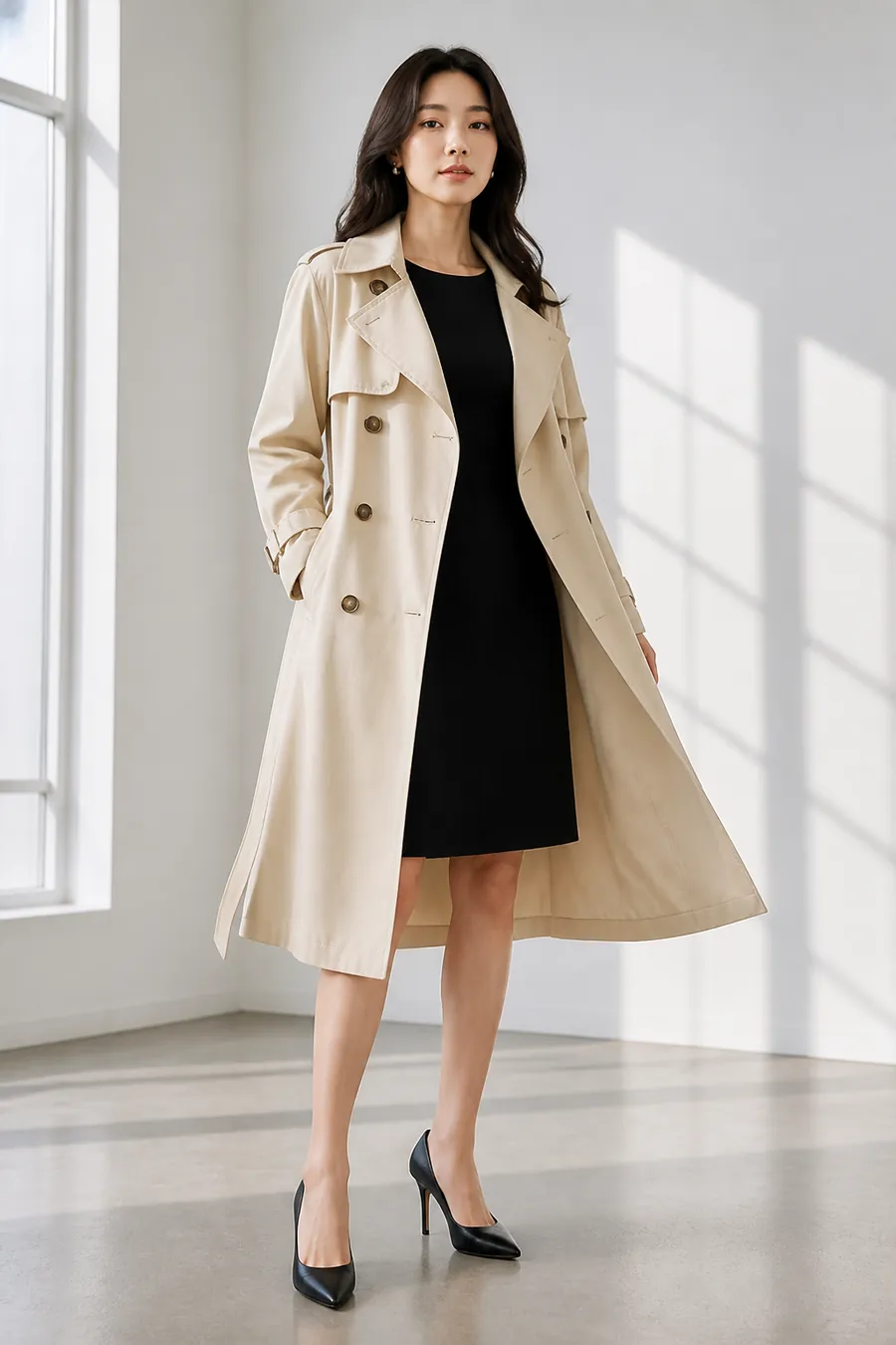 Studio lookbook photo of a model in a cream trench coat