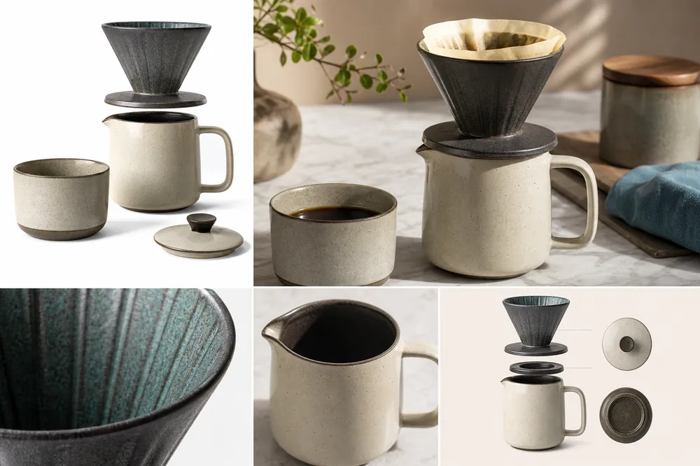 Ceramic coffee set photographed as a white-background hero and a marble lifestyle scene