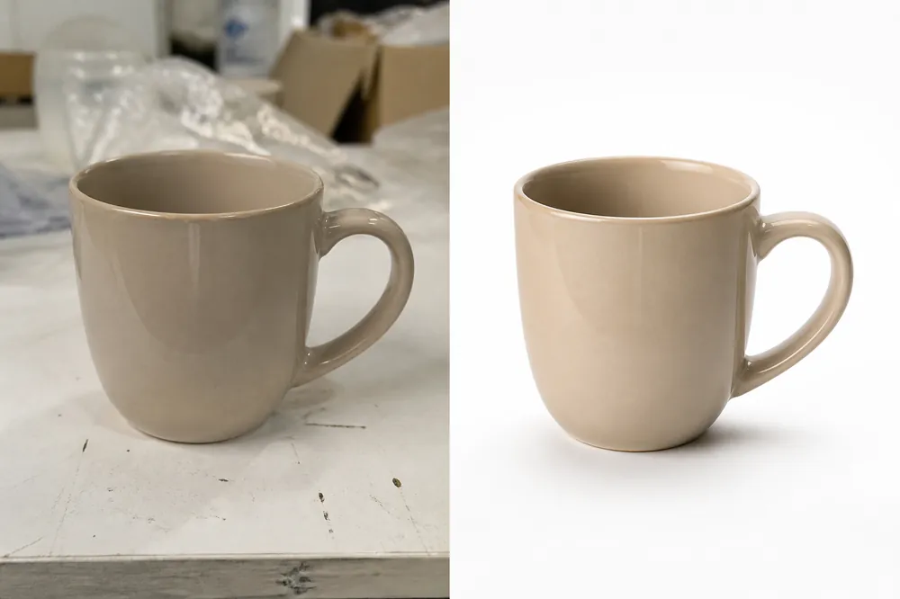 Beige ceramic mug isolated on a clean white studio background after retouch