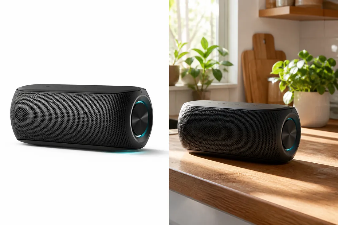 Wireless speaker on a white background next to the same speaker in a kitchen lifestyle scene